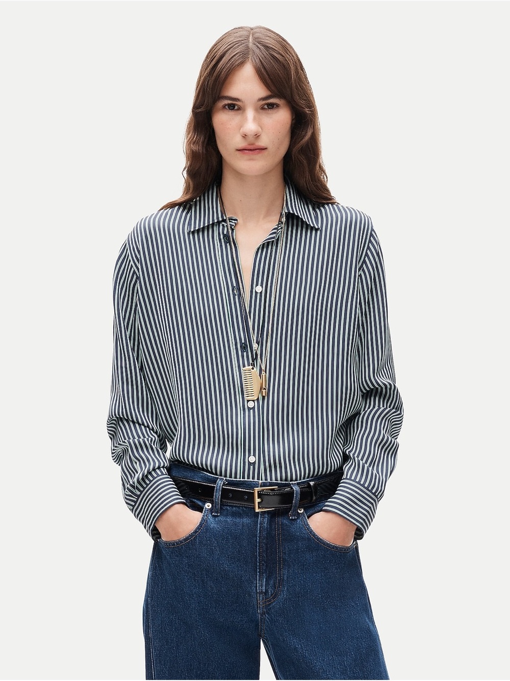 J. Crew Navy and White Vertical Stripe Button-Down Shirt